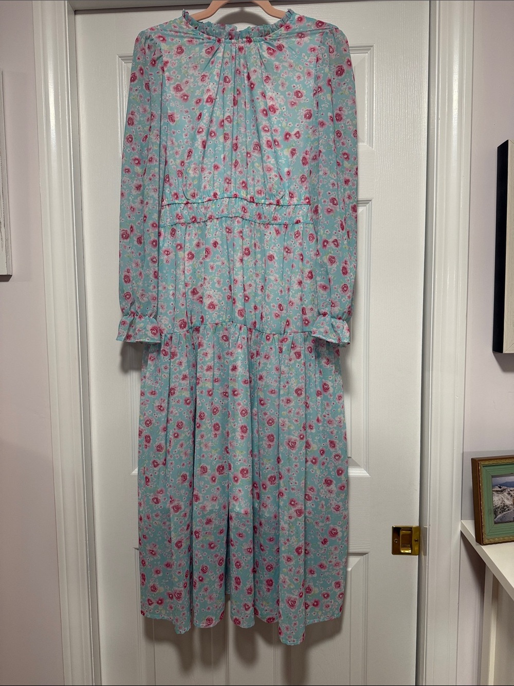 Grace Karin Light Blue Floral Long Sleeve Midi Dress